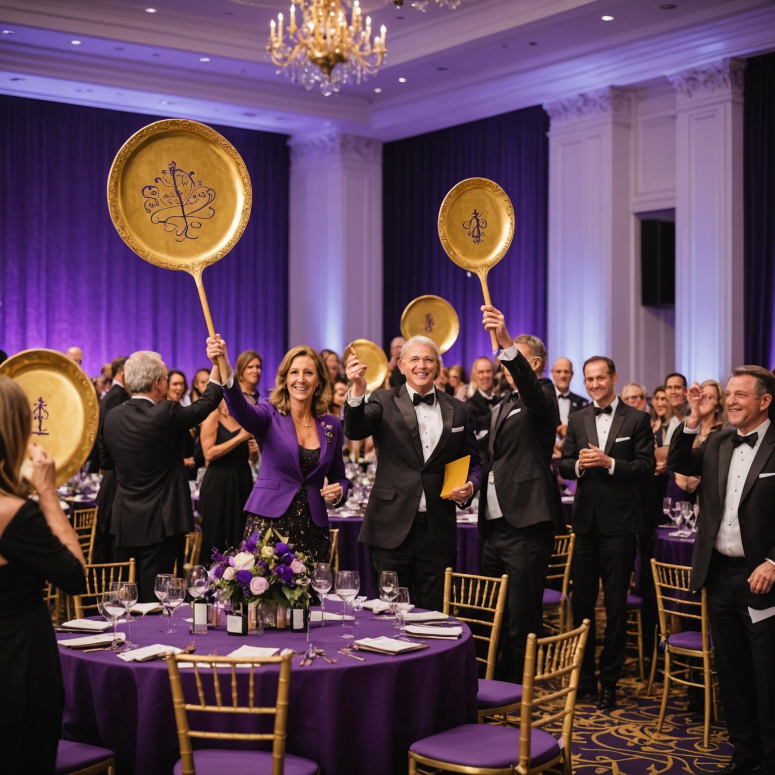 Elegantly dressed guests at a charity gala with an auctioneer on stage during a live auction