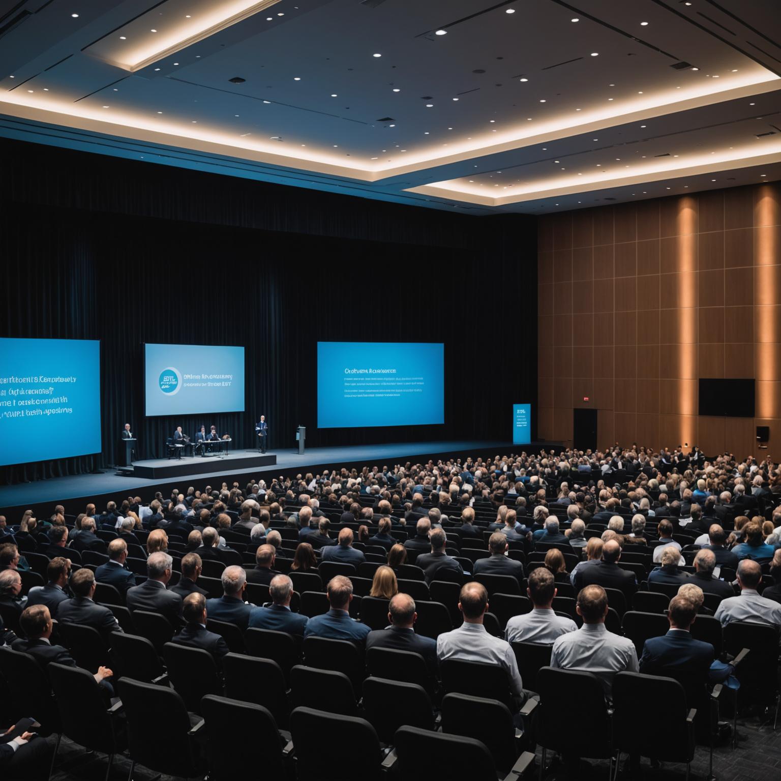 Corporate conference with keynote speaker on stage