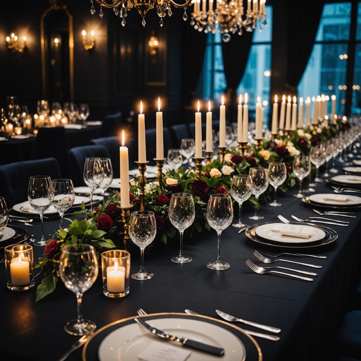 Luxury gala dinner table with candles and crystal