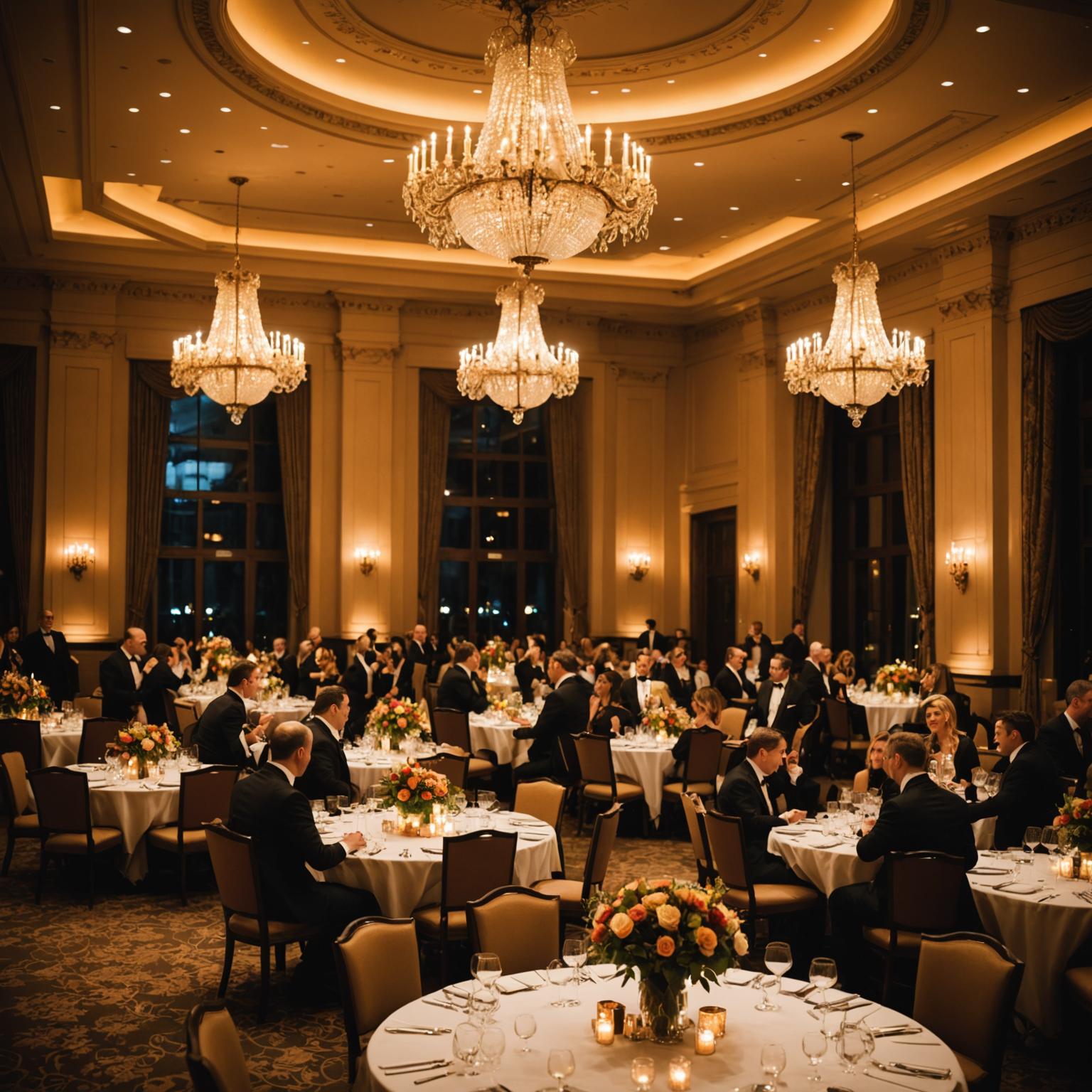 Corporate gala event with elegant table settings and ambient lighting