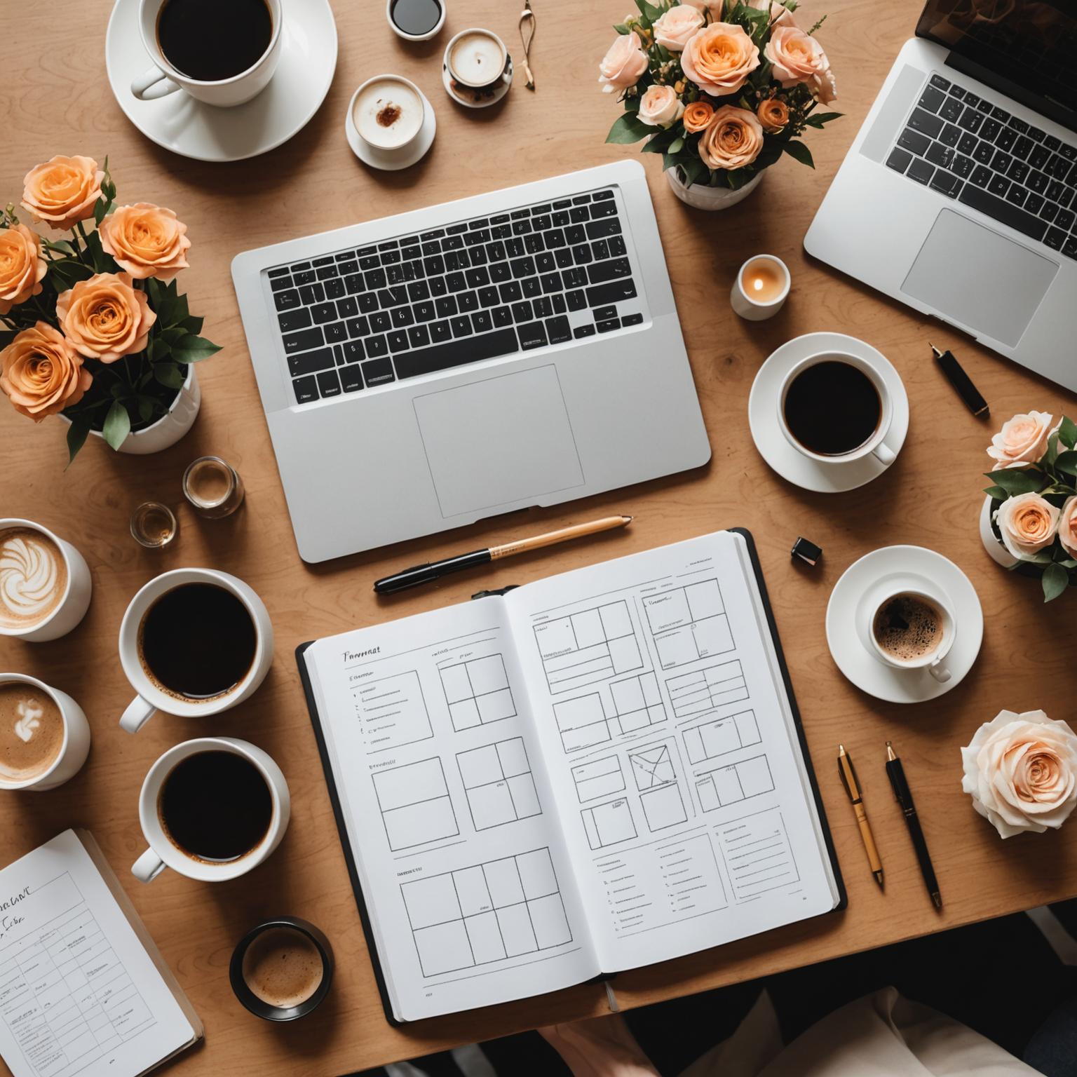 Event planning workspace with laptop and notebooks