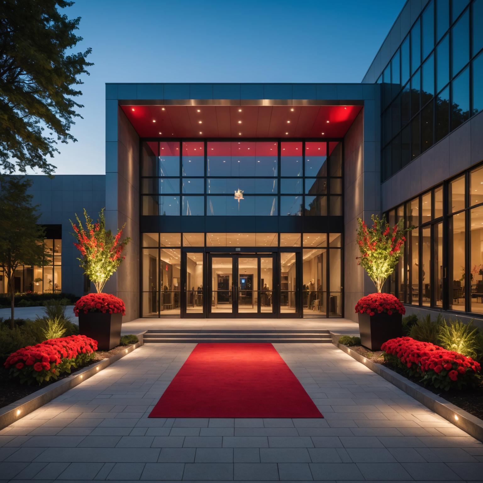 Event venue entrance at twilight